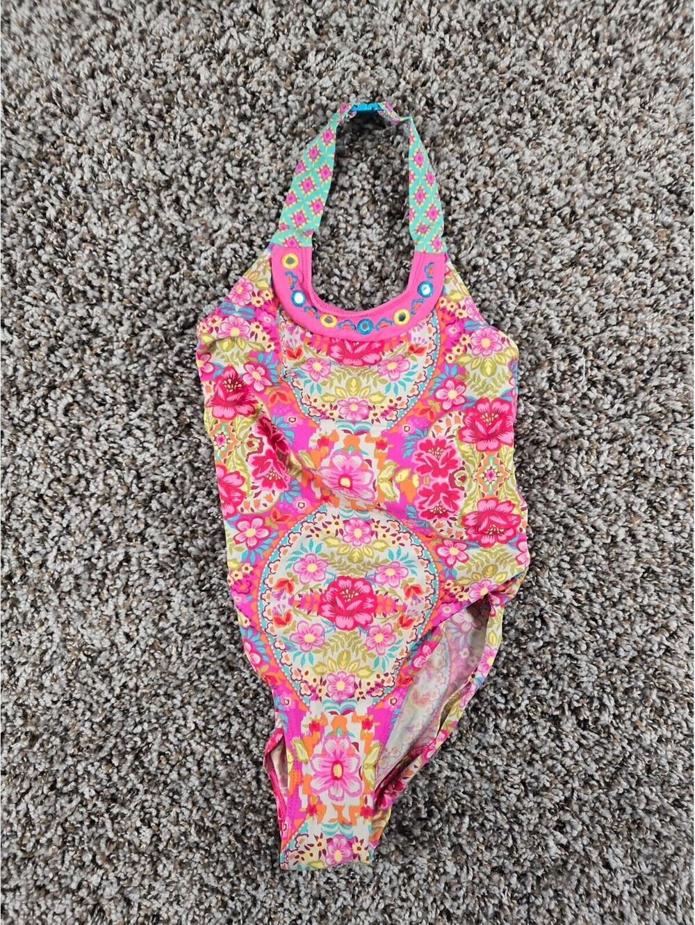 Monsoon Toddler Girls Sz 3T-4T One Piece Swimsuit Halter Style Pink Floral